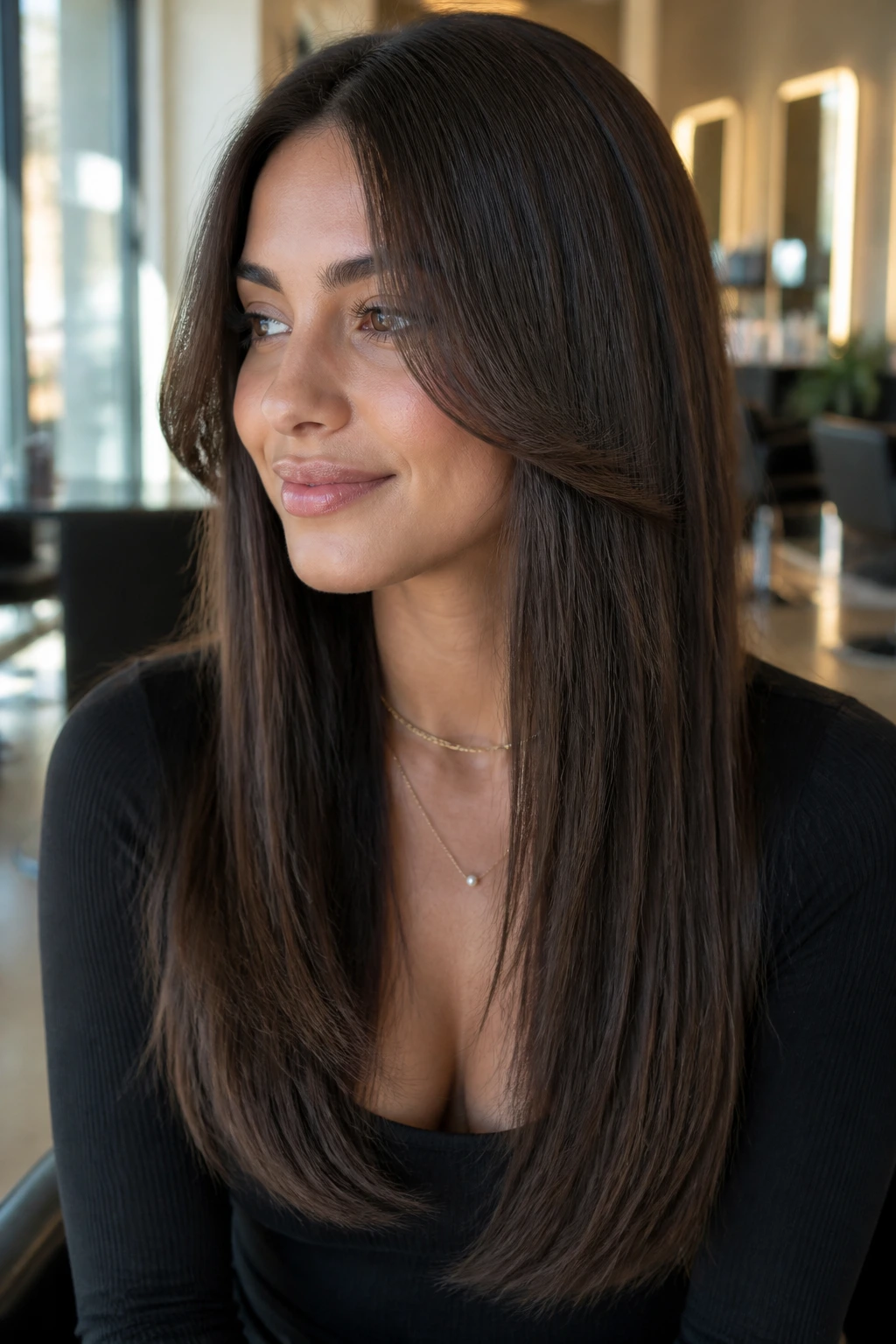 Close-up of a real woman with cheekbone-frame bangs and long hair, softly lit in a salon