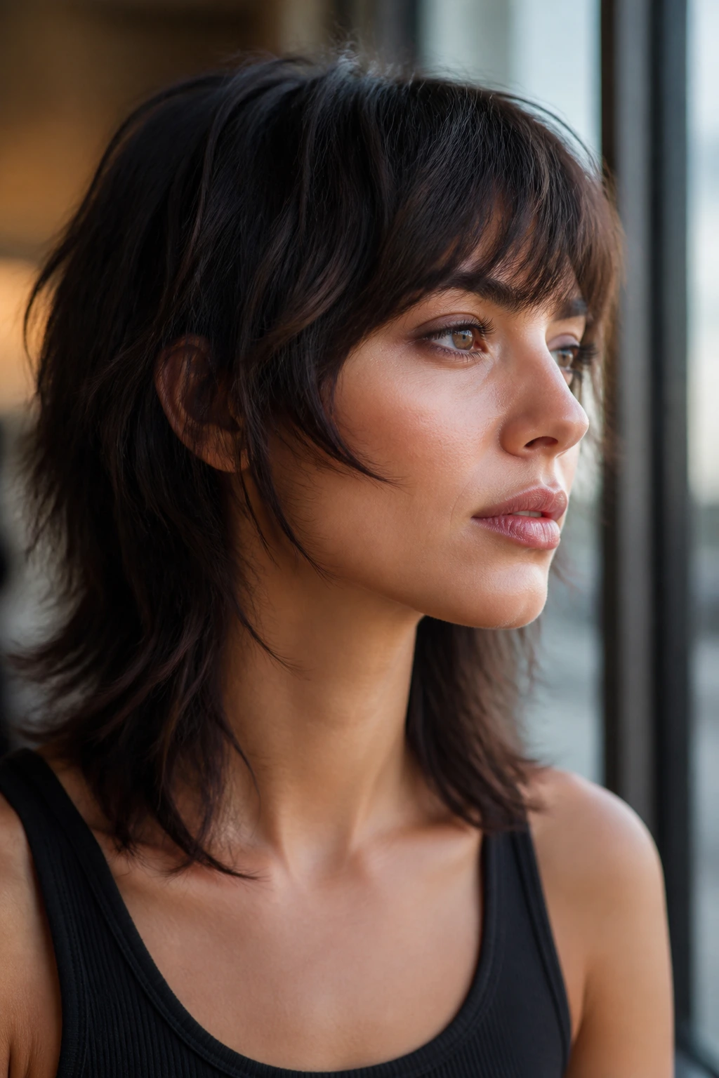 Close-up of real woman with cheekbone-frame shag highlighting cheekbones
