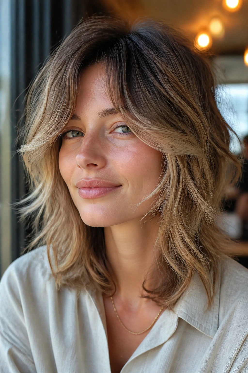 Close-up portrait of a real person with cheekbone frame shag front layers grazing cheeks in window-lit cafe setting