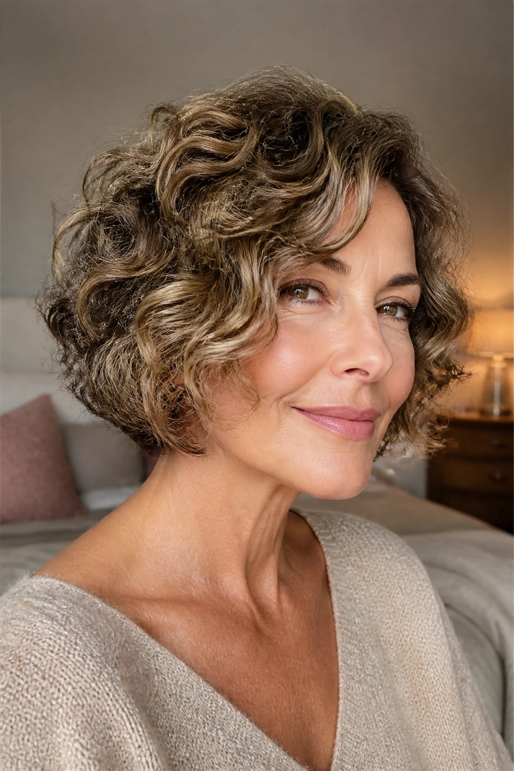 Close-up of a real woman with cheekbone-framing curls in warm bedroom light