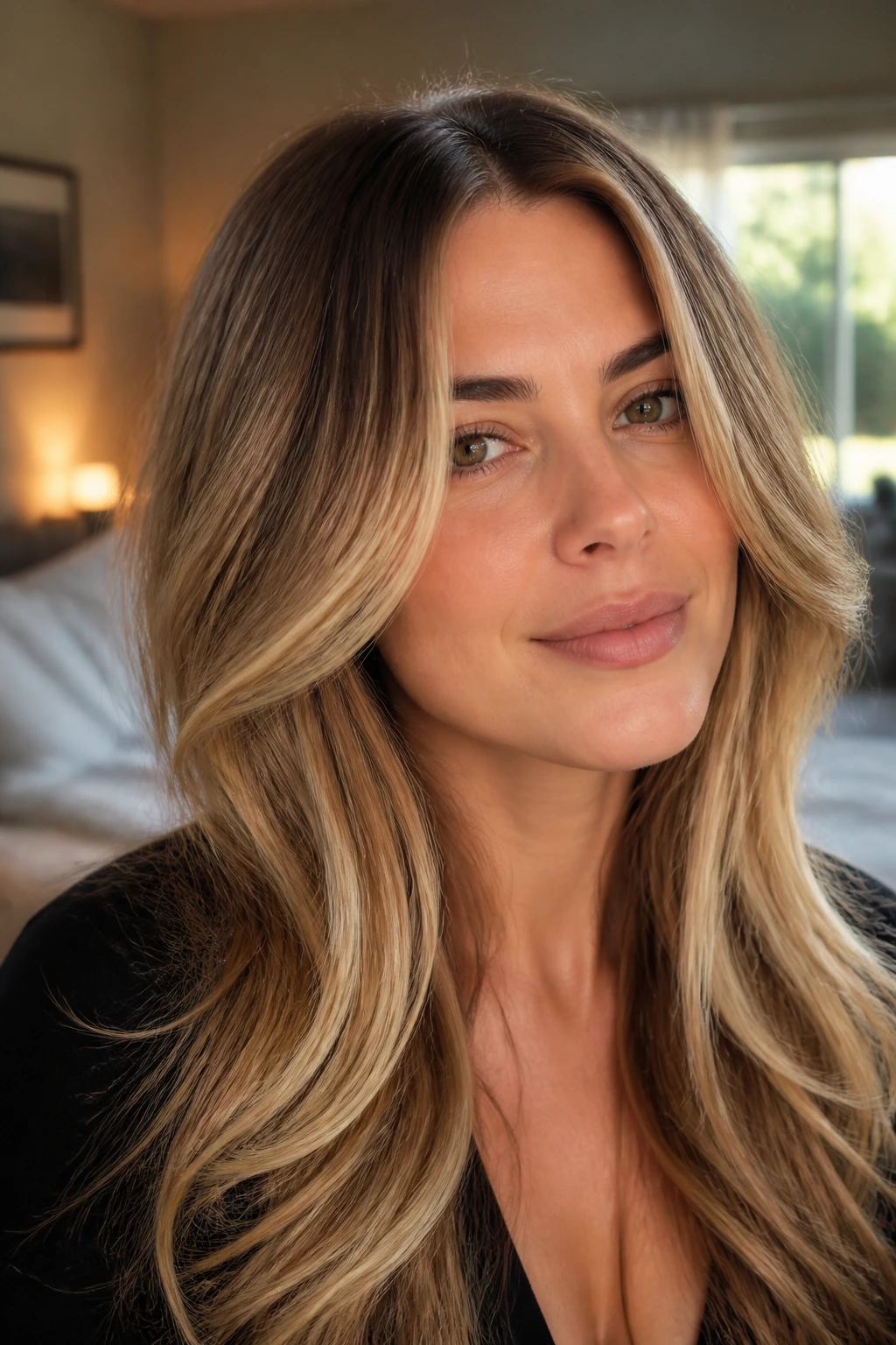 Close-up portrait of a real woman with cheekbone-framing hair and buttery babylights