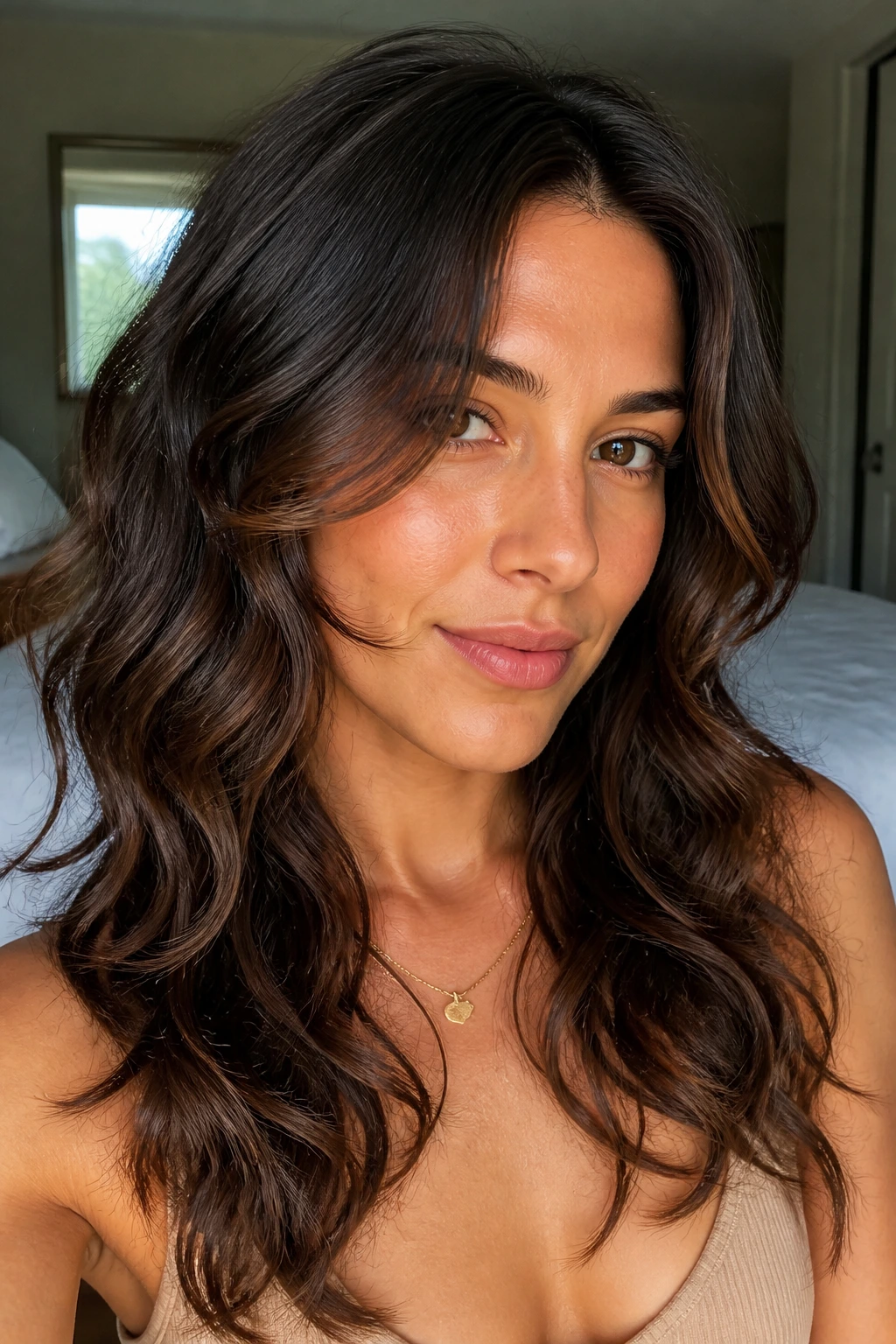 Close-up of a real woman with cheekbone-start face-framing layers and loose curls around the cheeks