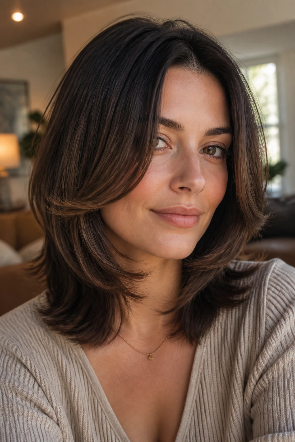 Close-up of a real woman with cheekbone-framing flicked ends on shoulder-length layered hair in warm ambient light