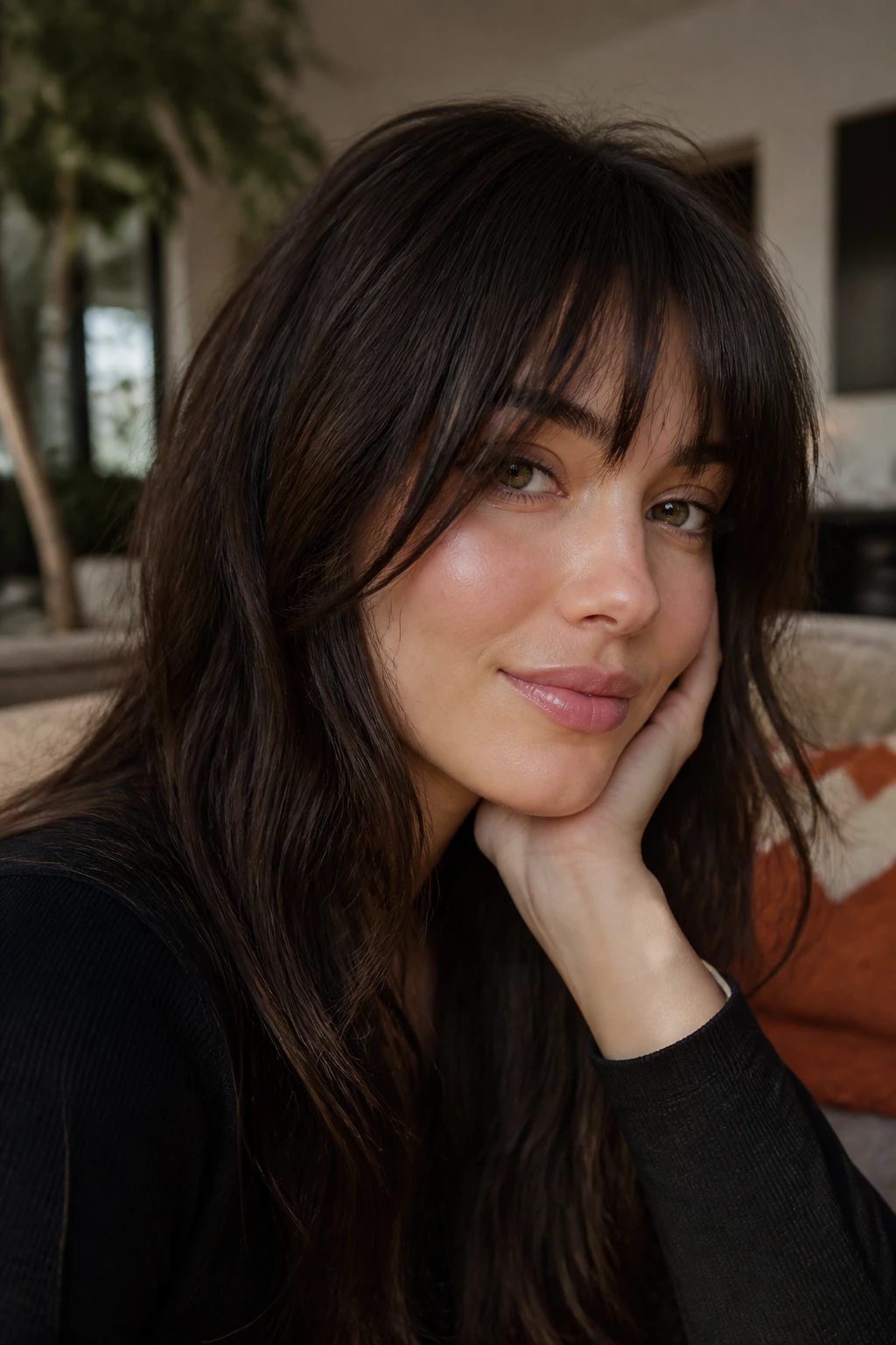 Close-up of a woman with cheekbone-grazing fringe in a warm living room
