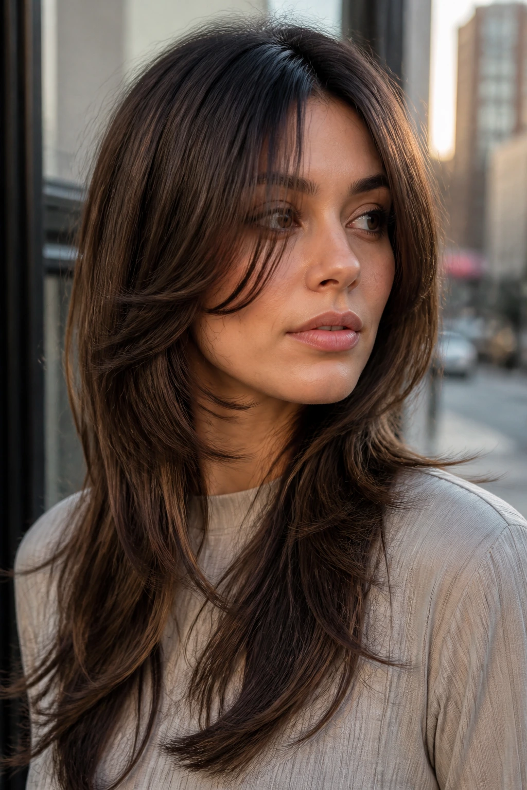 Close-up portrait of a real woman with cheekbone-grazing fringe and long layers