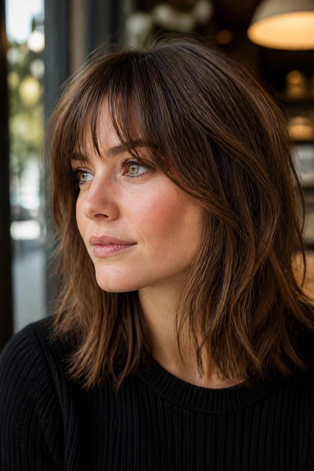 Close-up portrait of a real woman with cheekbone-grazing fringe softly framing the face