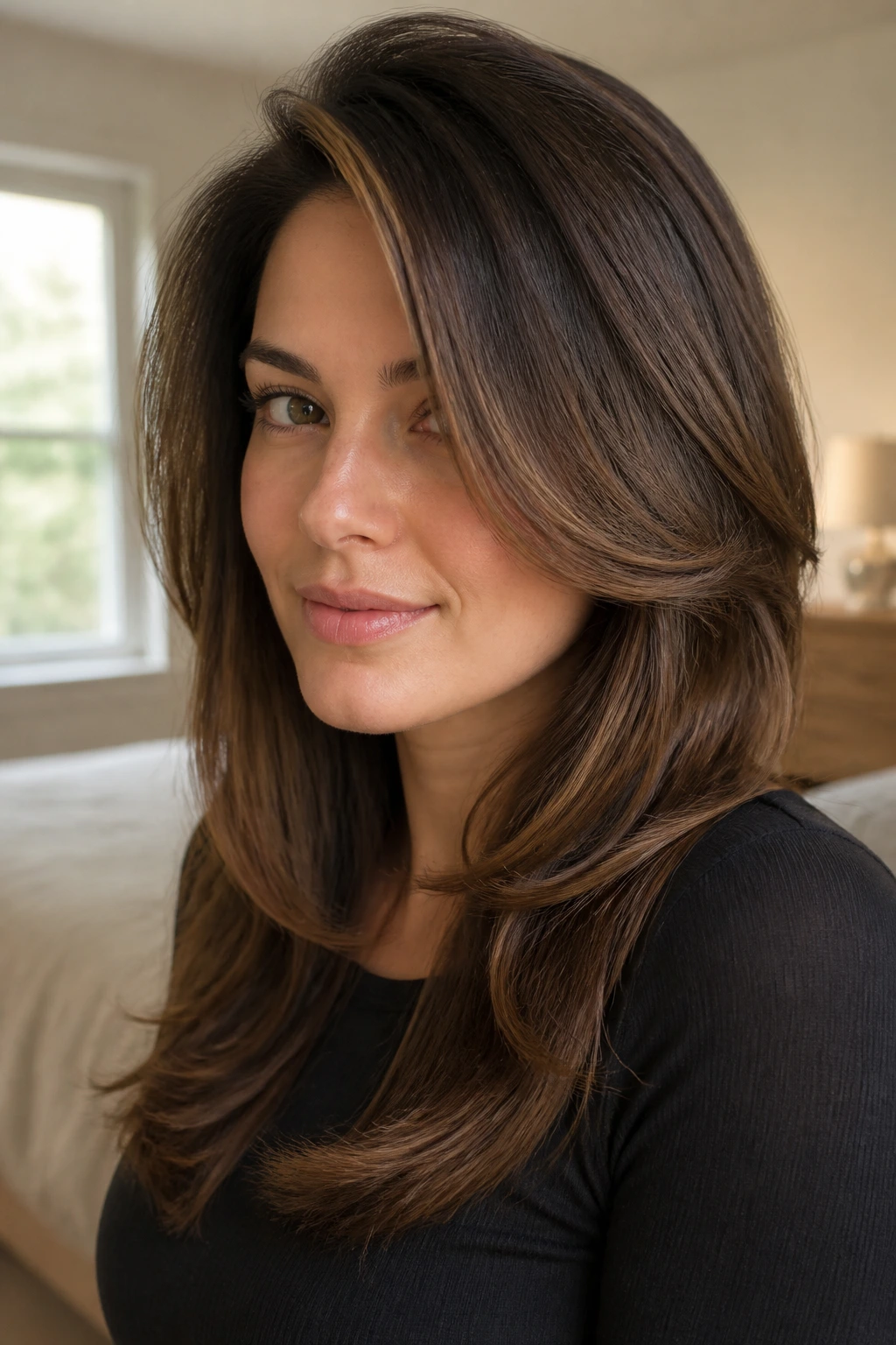 Close-up of a real woman with cheekbone-length front pieces and a soft side part.