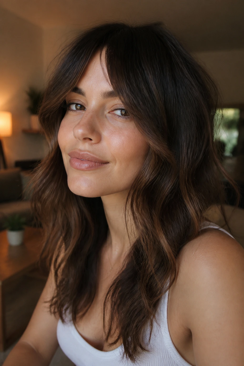 Close-up of real person with cheekbone grazing face framing bangs