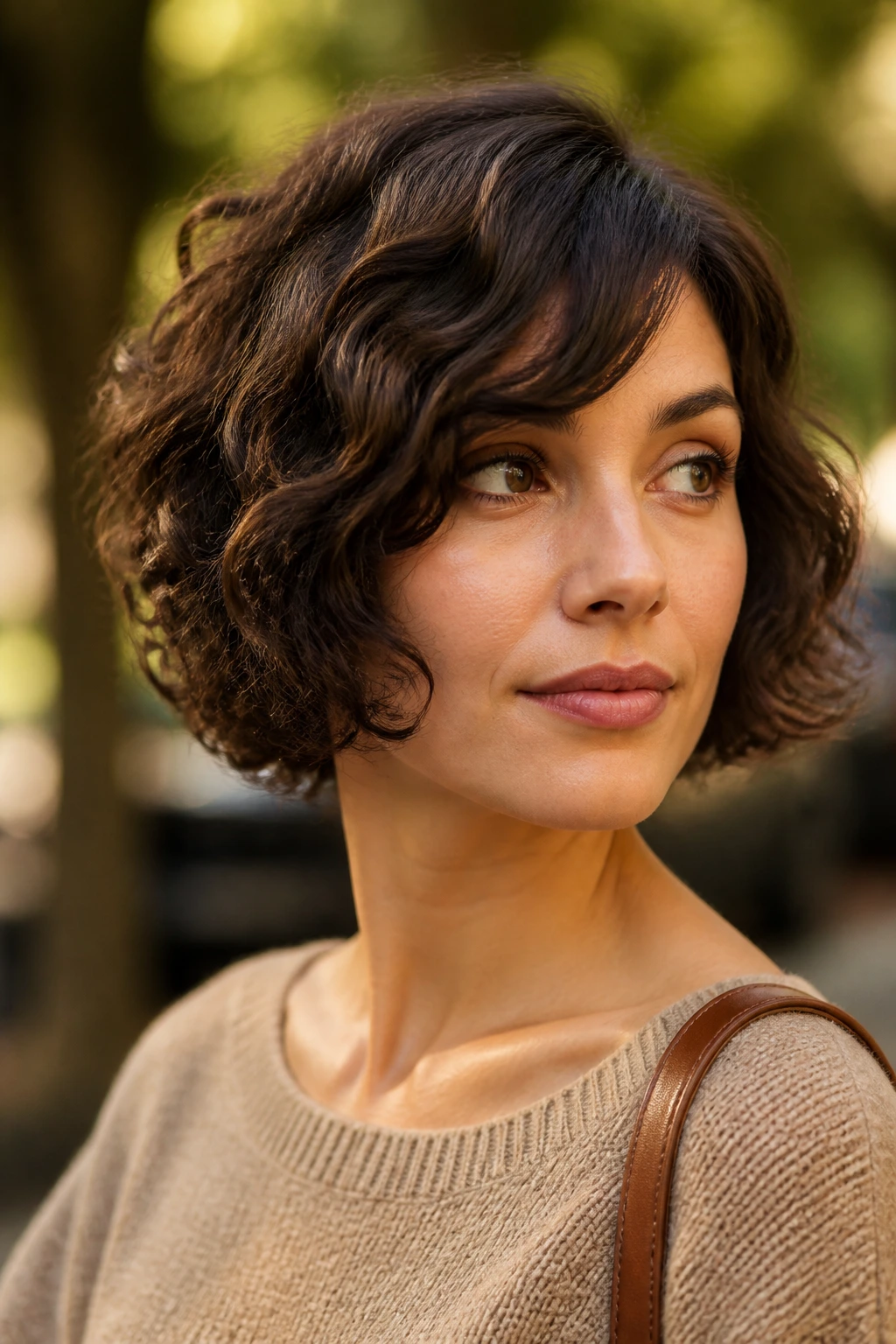 Portrait of a real woman with cheekbone-grazing curly bob and side bangs.
