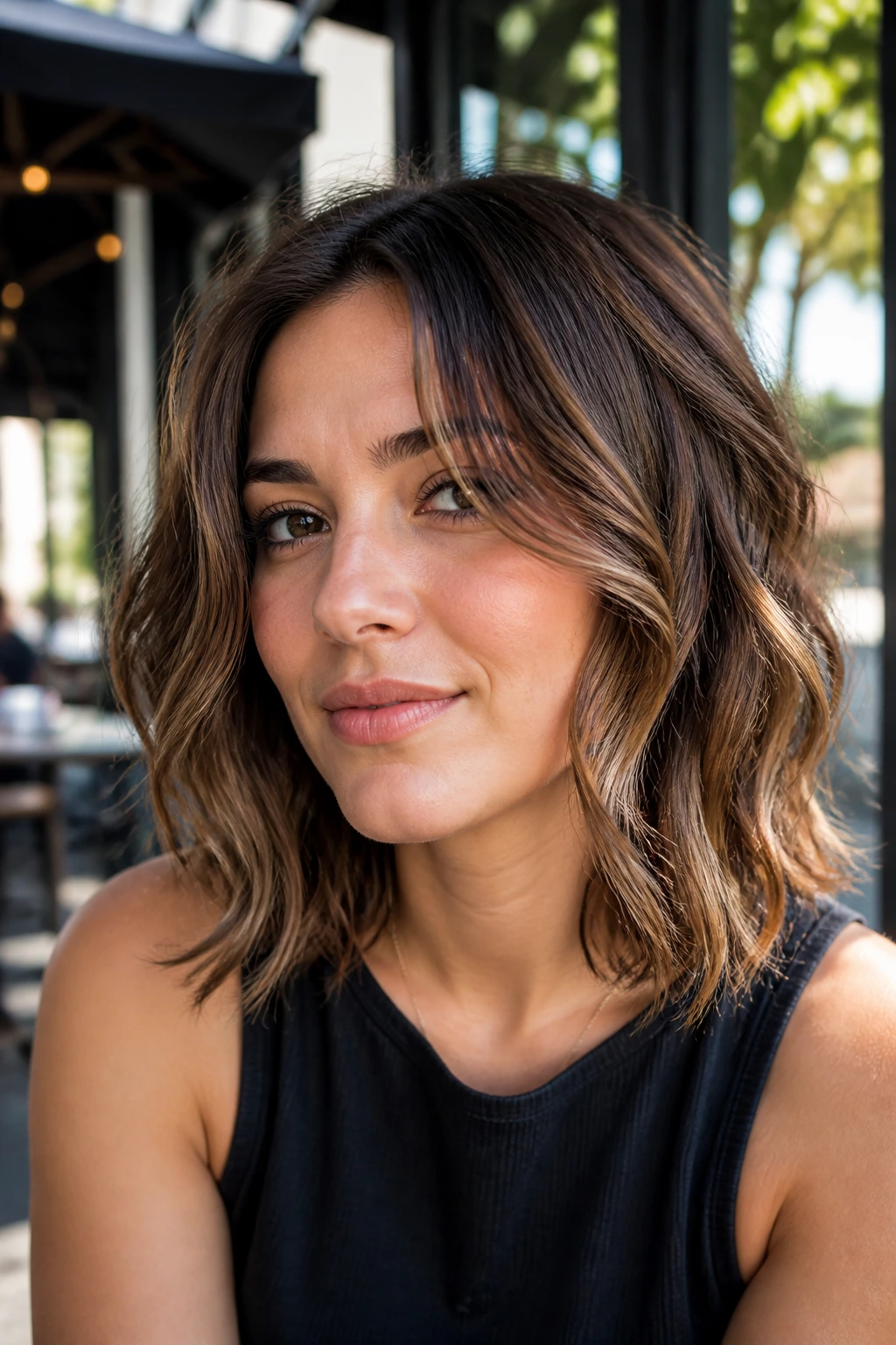 Real woman with cheekbone-grazing face-frame hairstyle.