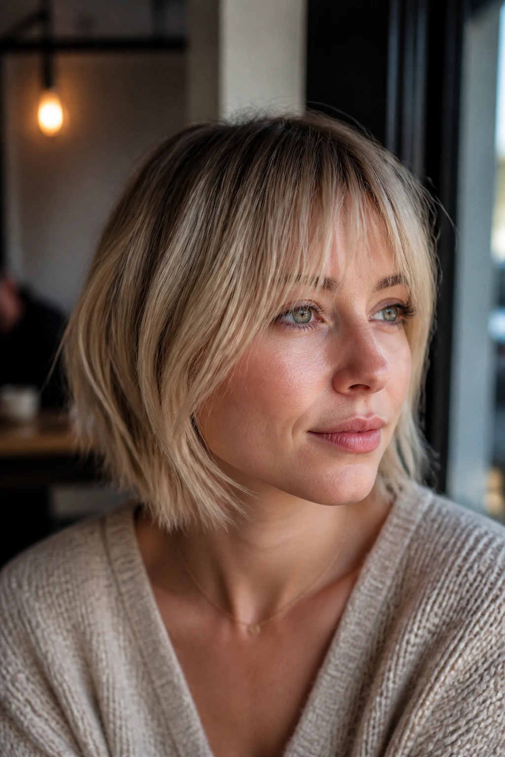 Real woman with cheekbone-grazing fringe in a cafe light.