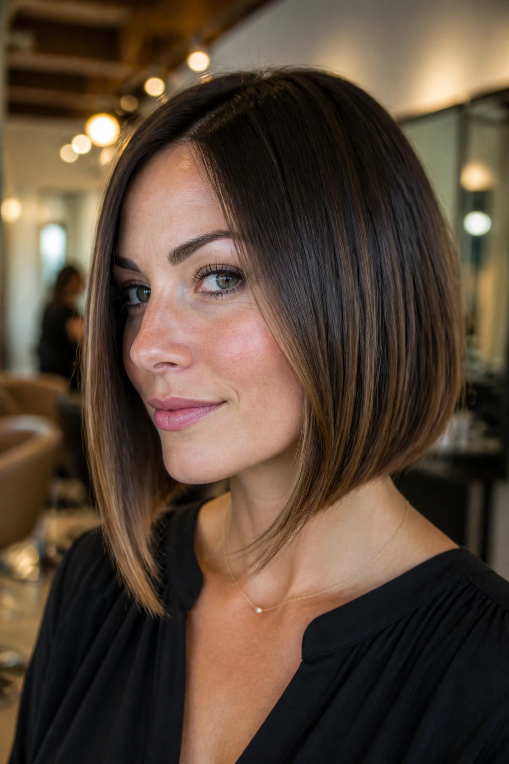 Real woman with cheekbone-grazing lob and narrow front pieces in a salon