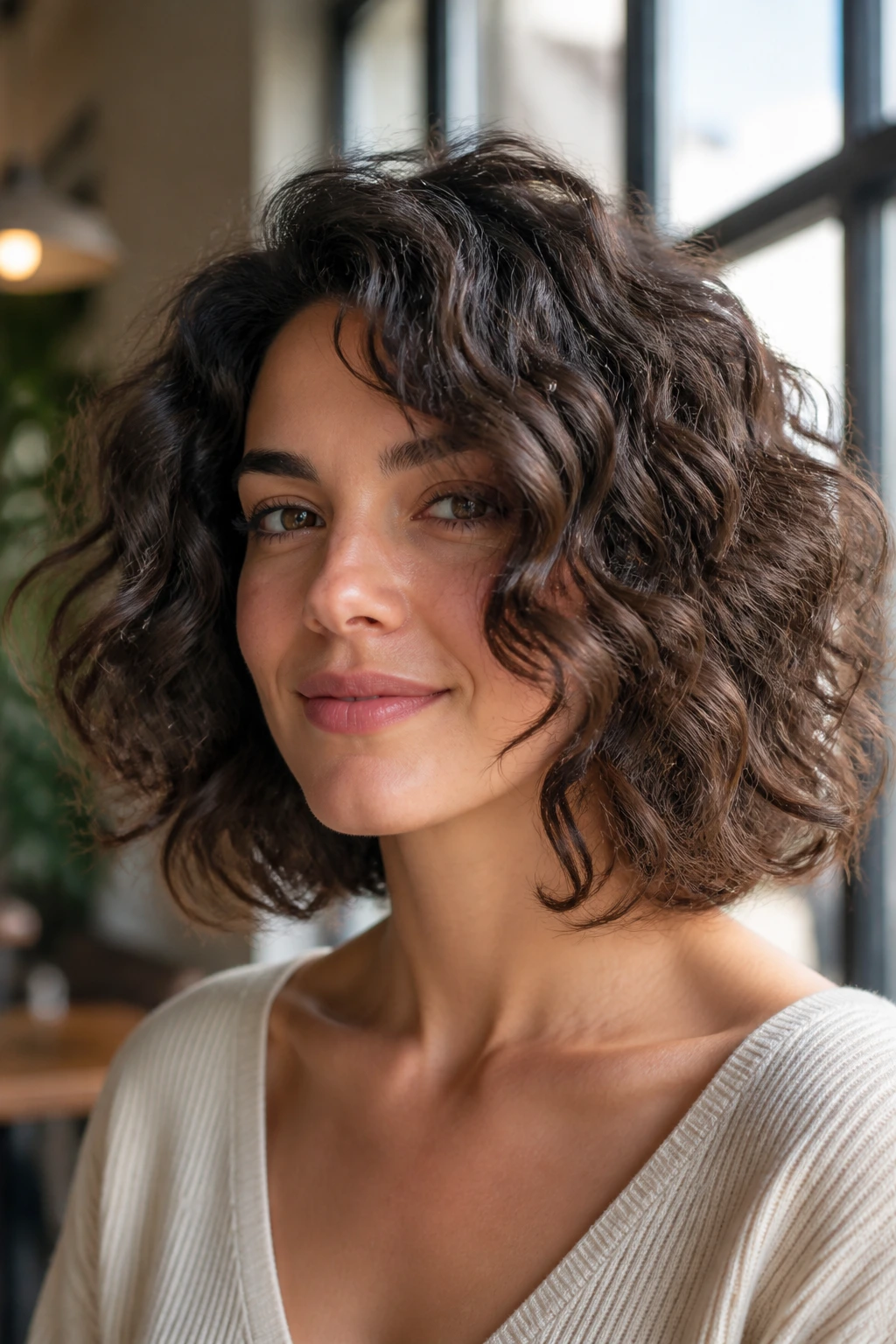 Close-up of cheekbone-grazing lob with light layers on a real woman with curls.