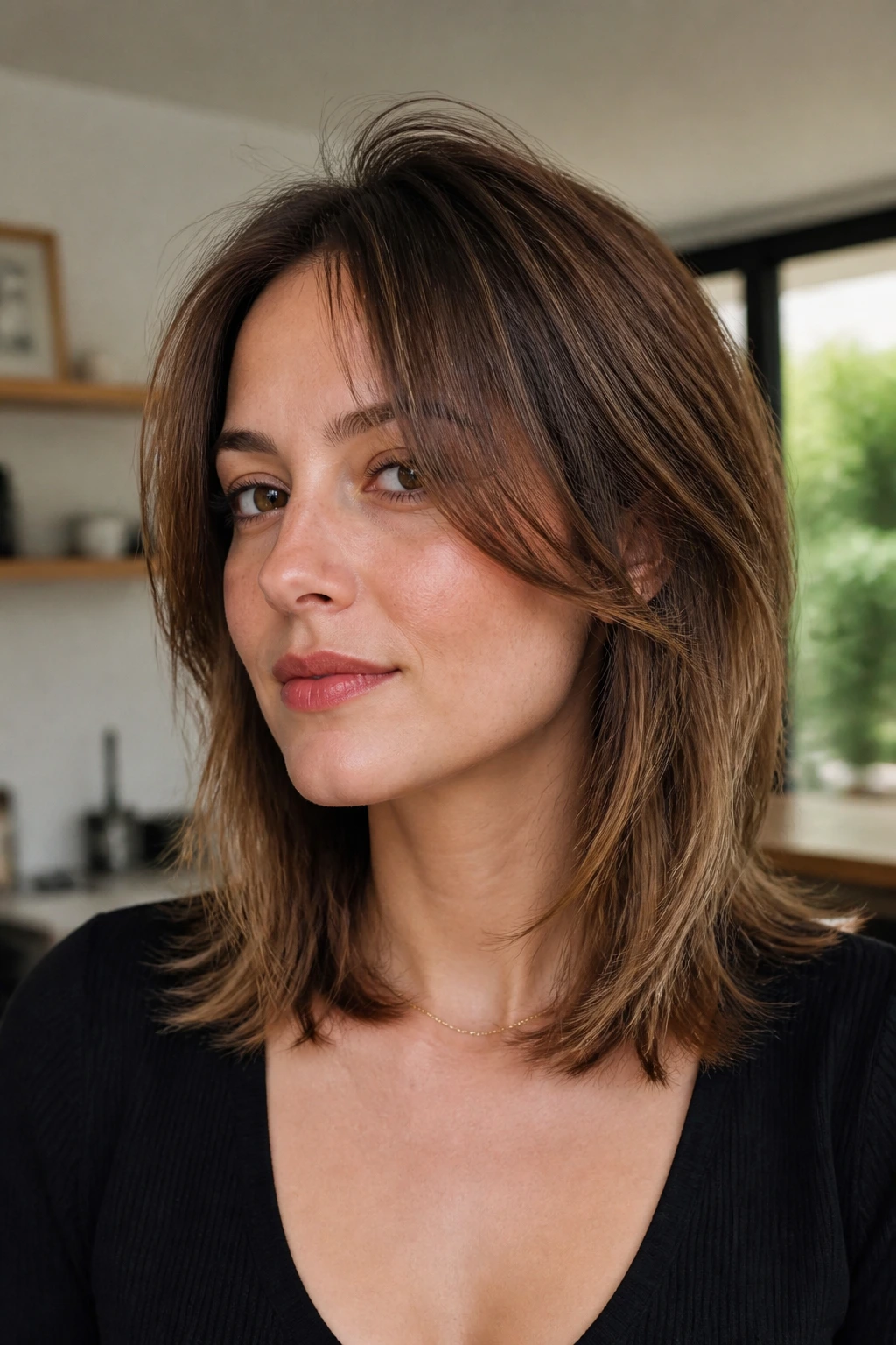 Real woman with cheekbone-layer cut giving lift