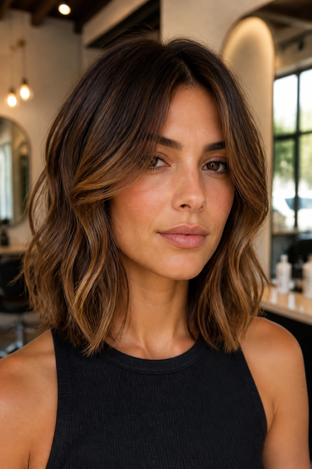 Close-up of a real woman with cheekbone-lift layered lob and lifted front pieces