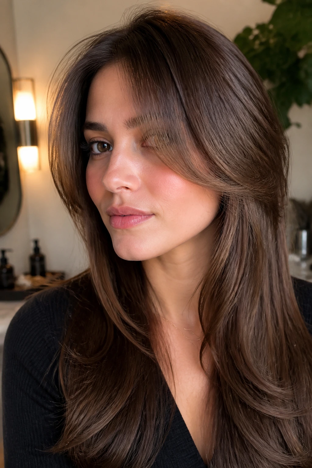 Close-up of a real woman with cheekbone-starting layers and a soft bend toward the jaw