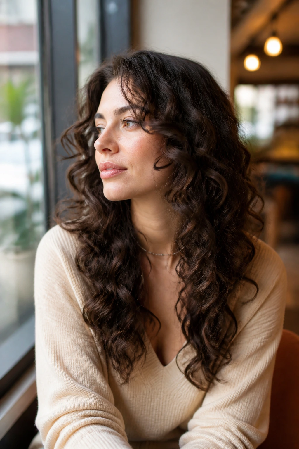 Close-up of a real woman with cheekbone-length layers in curly hair