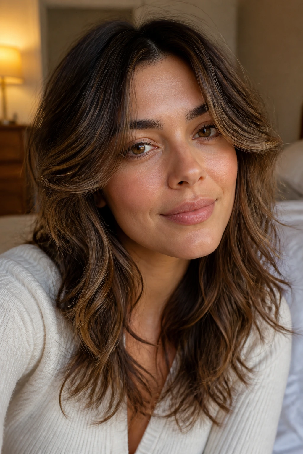 Real woman with cheekbone-length layers framing face in warm room