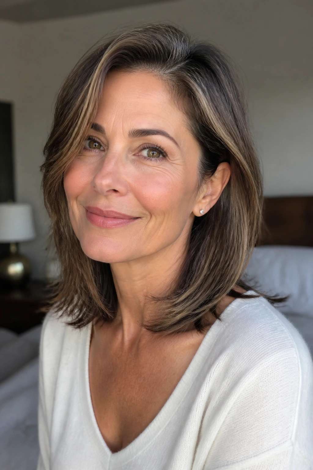 Close-up portrait of a real woman with cheekbone-length layered hair framing the face
