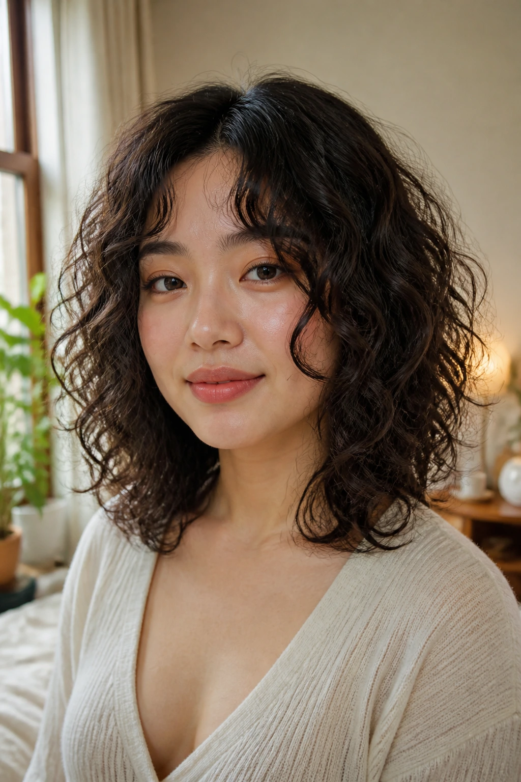 Close-up of a real woman with cheekbone-framing curly layers on a round face in natural light