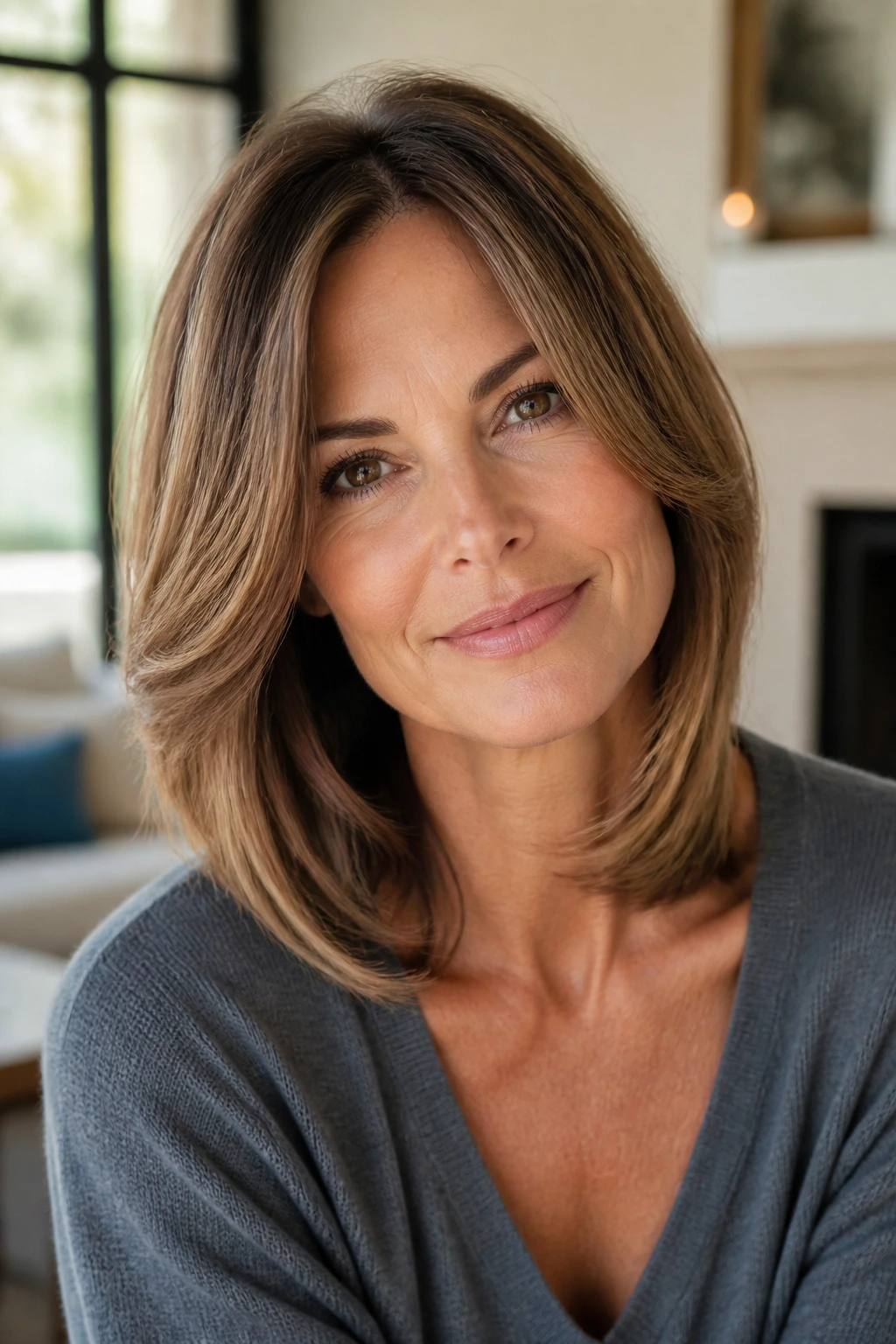 Close-up portrait of a real woman over 40 with cheekbone-length long layers