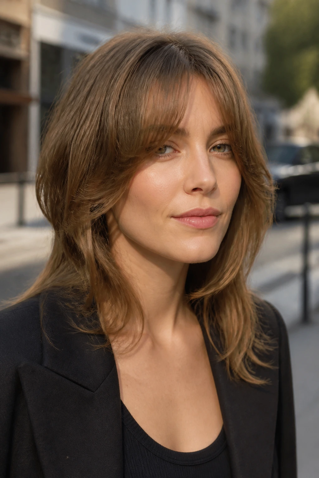 Portrait of a woman with cheekbone-length feathered fringe in sunlight