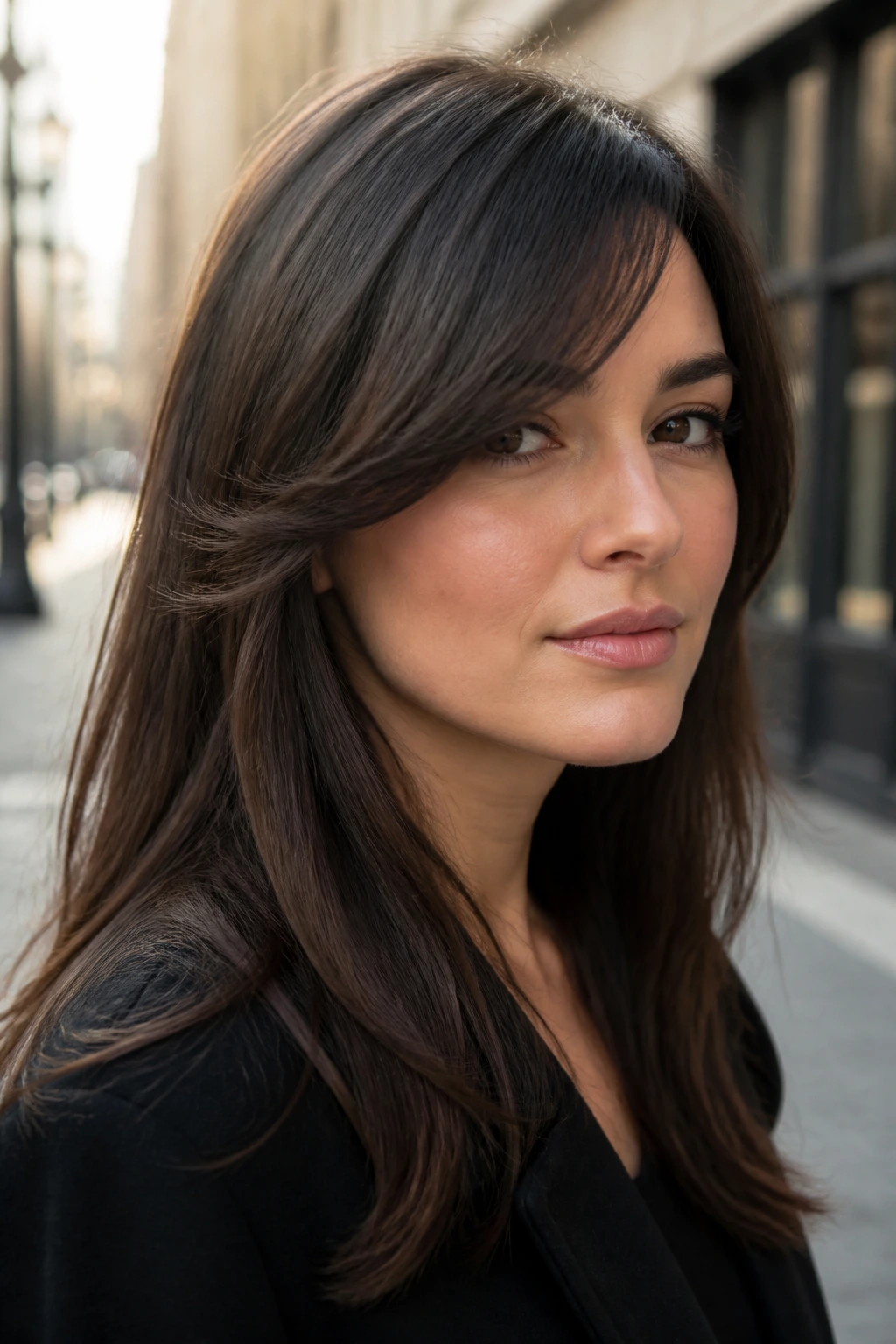 Close-up of a woman with cheekbone-length swoop bangs