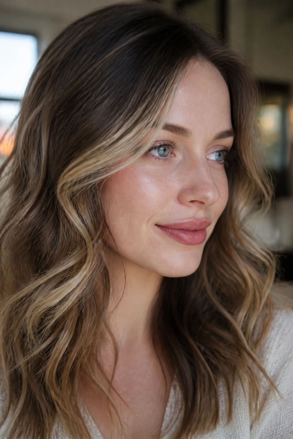 Cheekbone money piece highlighting the cheekbone on a real person with wavy hair