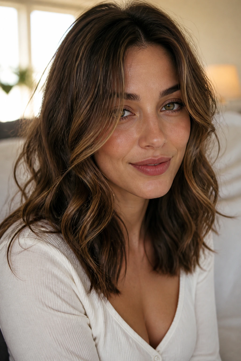 Close-up of a real woman with wavy front pieces near the cheekbones framing her face