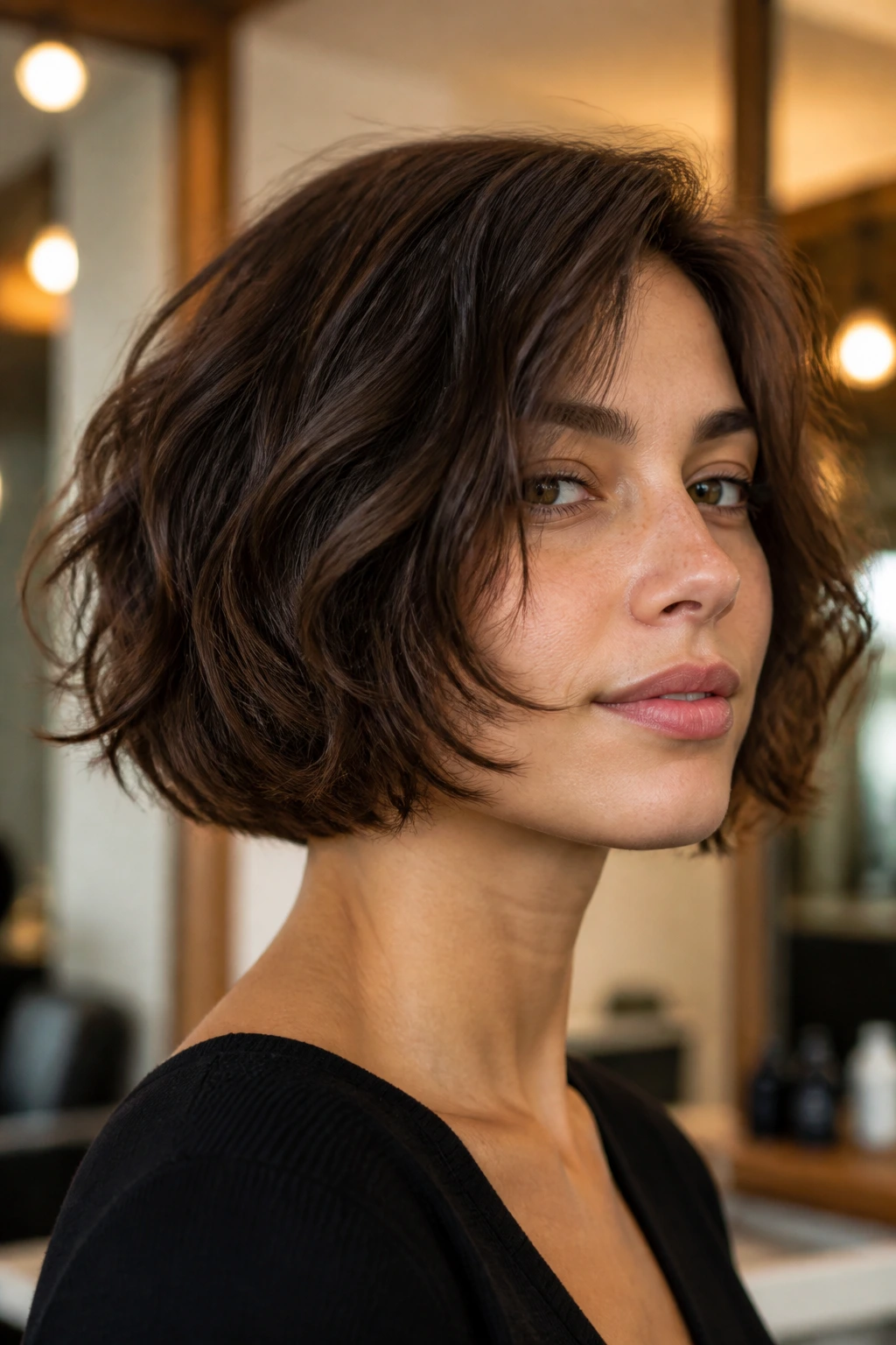 Portrait of a person with cheekbone razor bob featuring feathered ends