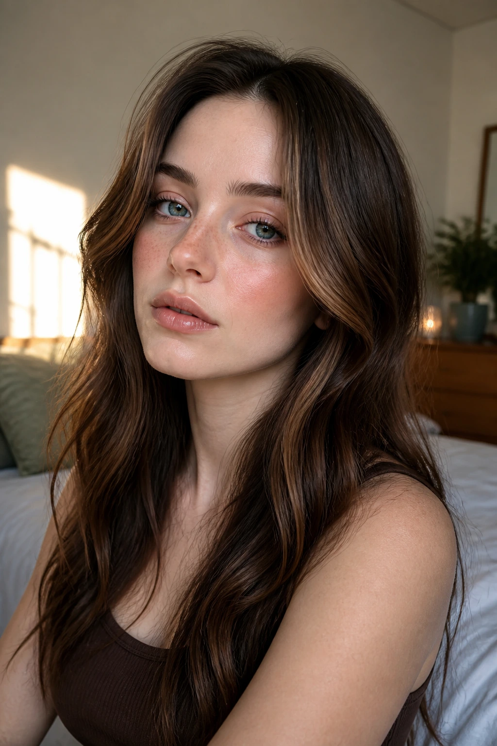 Close-up of a real woman with chestnut ribbons at cheekbones.