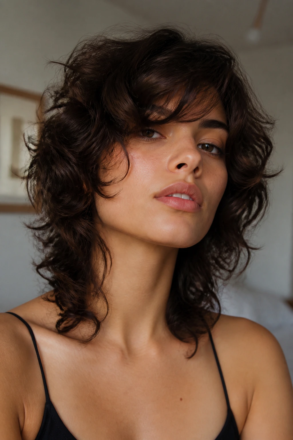 Portrait of a real person with a cheekbone-length shag and diagonal bangs.
