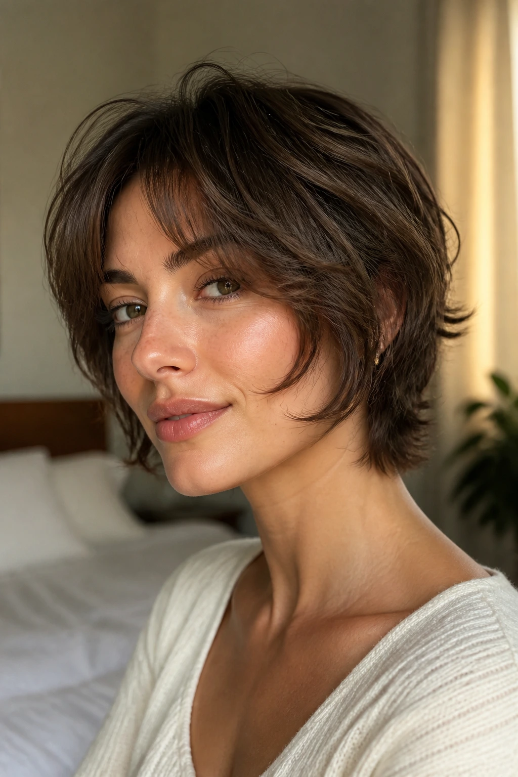 Close-up portrait of a real woman with cheekbone-framing shag hairstyle.
