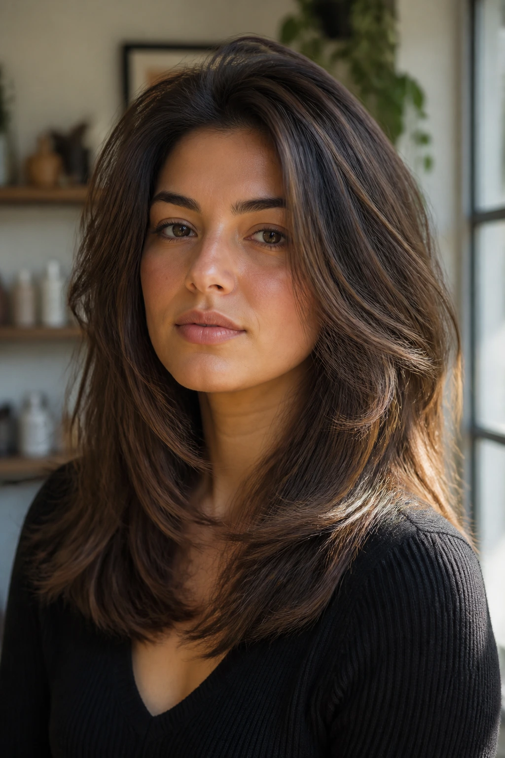 Portrait illustrating shapes that drop below cheekbones on a real woman
