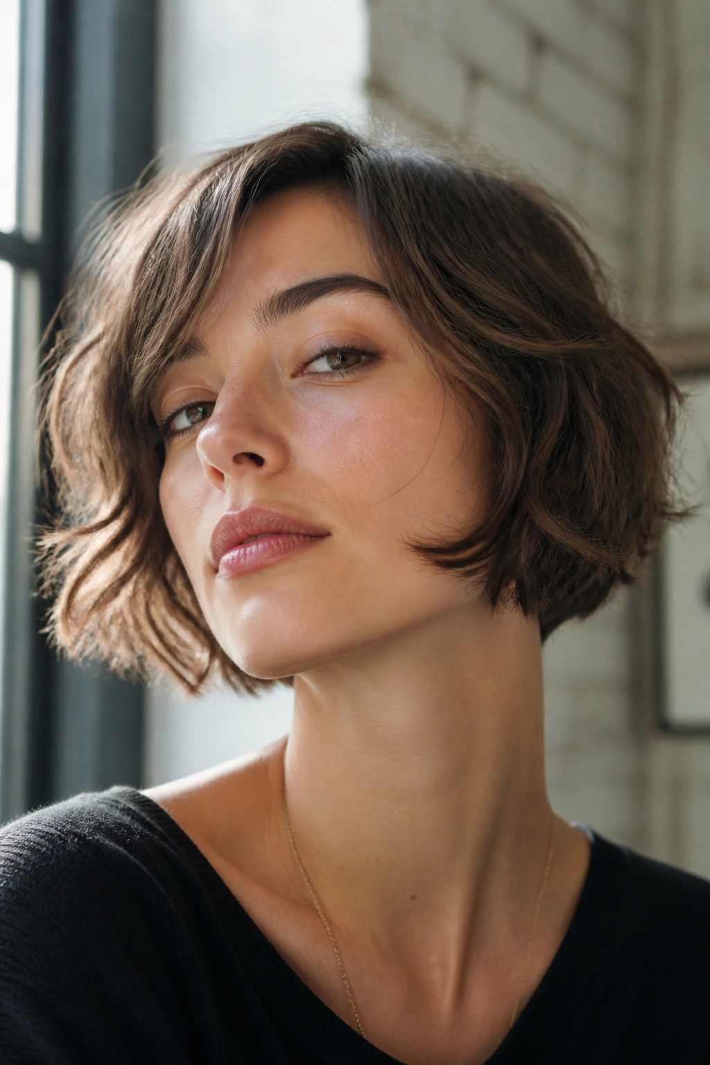 Close-up of a real woman with a cheekbone-skimming bob