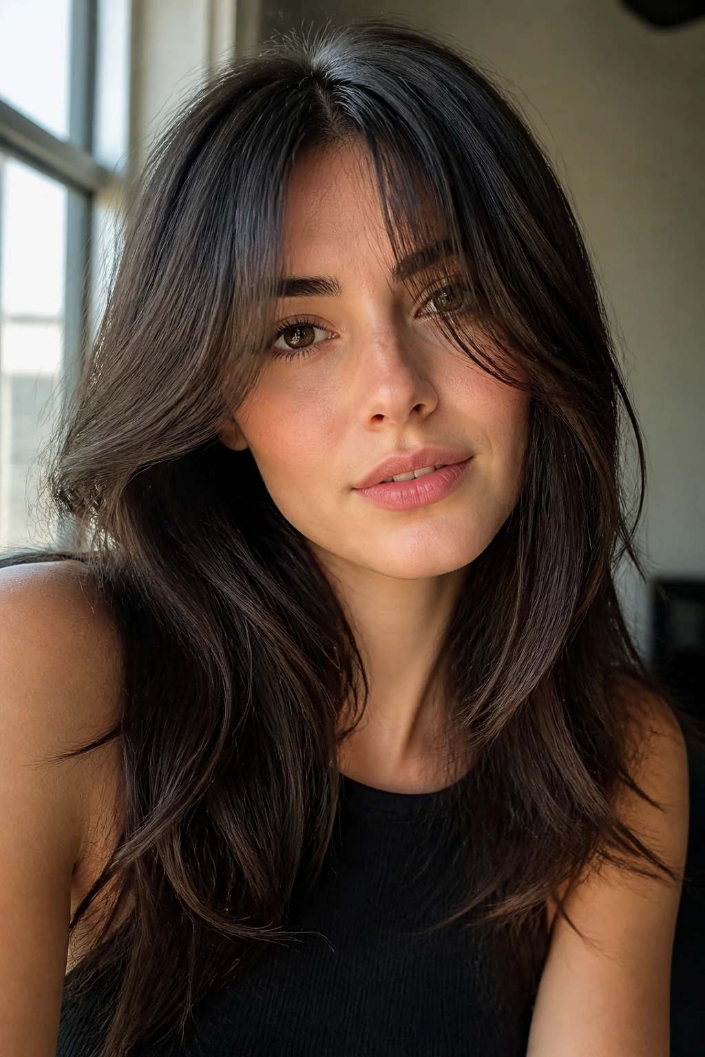 Close-up of real woman with cheekbone-skimming split fringe