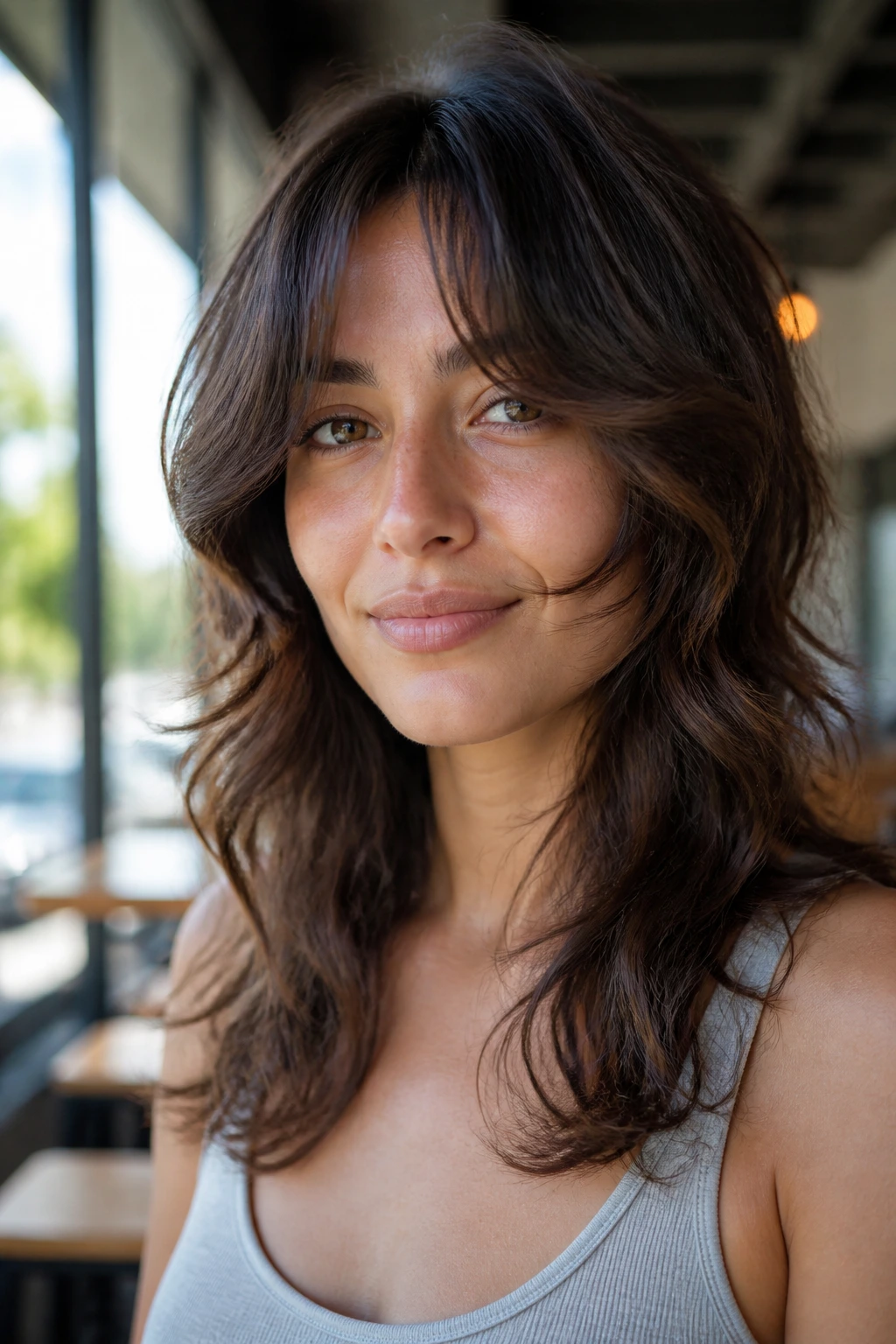 Portrait of a real woman with cheekbone-skimming wolf cut and soft layered framing.