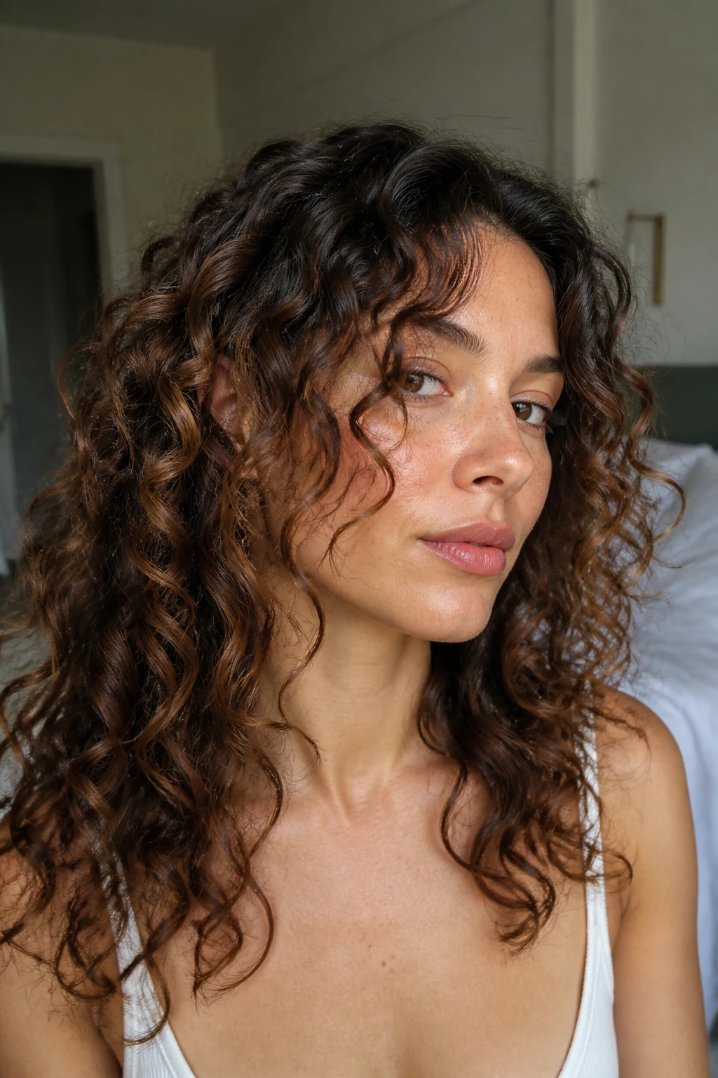 Close-up of a real woman showing cheekbone slice frame hairstyle framing the face.