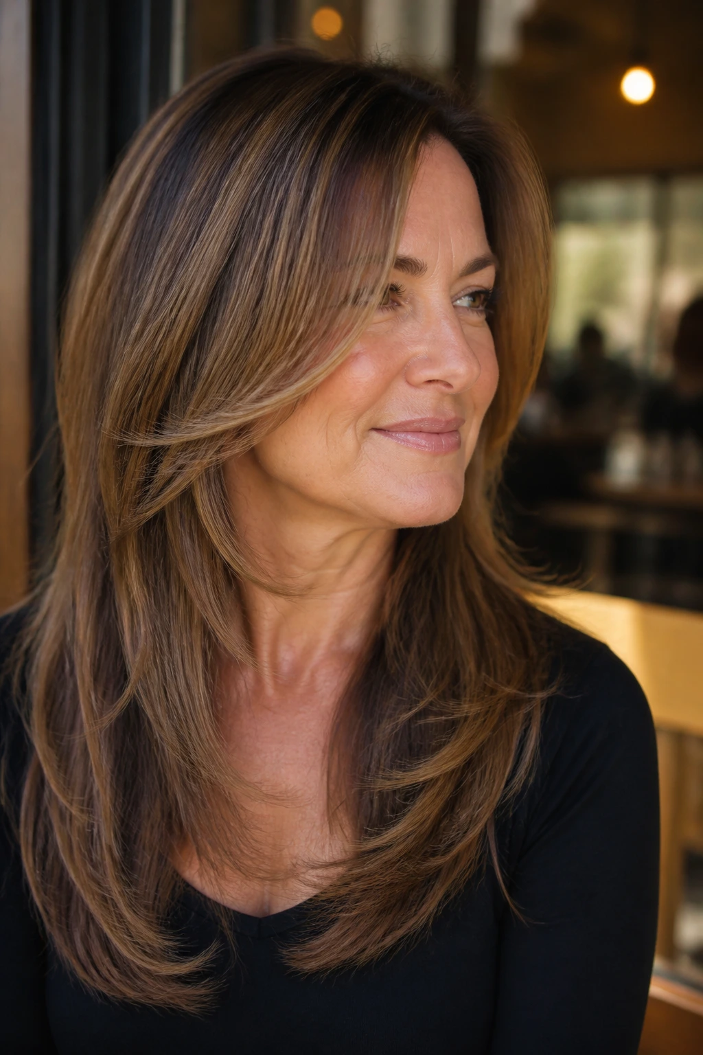 Woman with cheekbone sweep face-framing front pieces