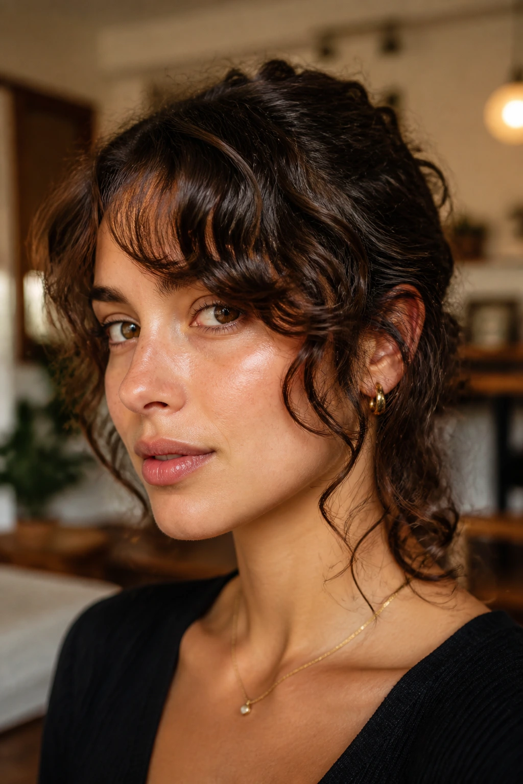 Close-up of a person with cheekbone-length curl and temple layers for a light side sweep