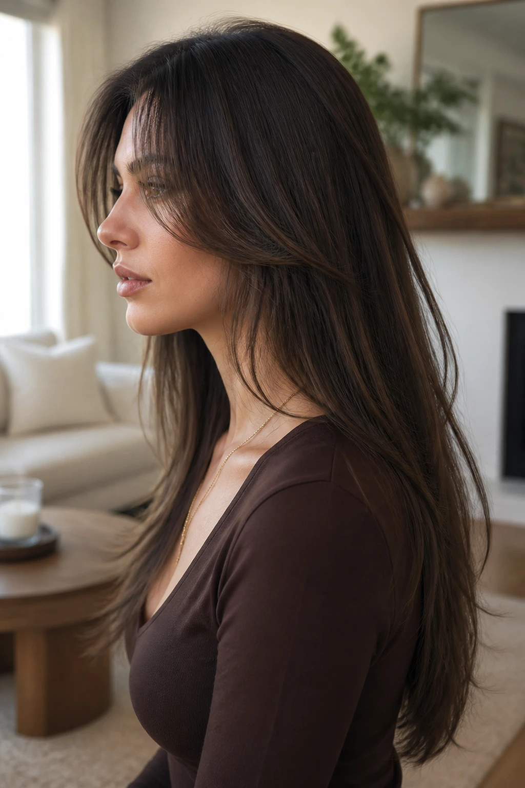 Side profile of woman with cheekbone-length front pieces feathering into wings