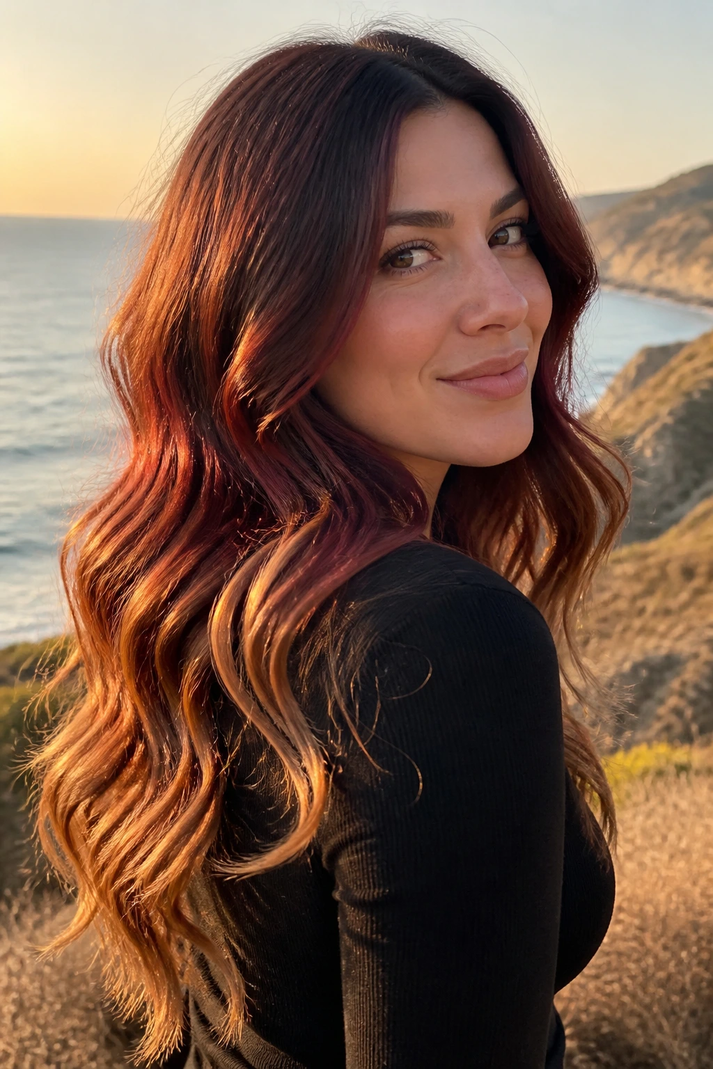 Close-up of real woman with cherry-Cola caramel gradient on long waves