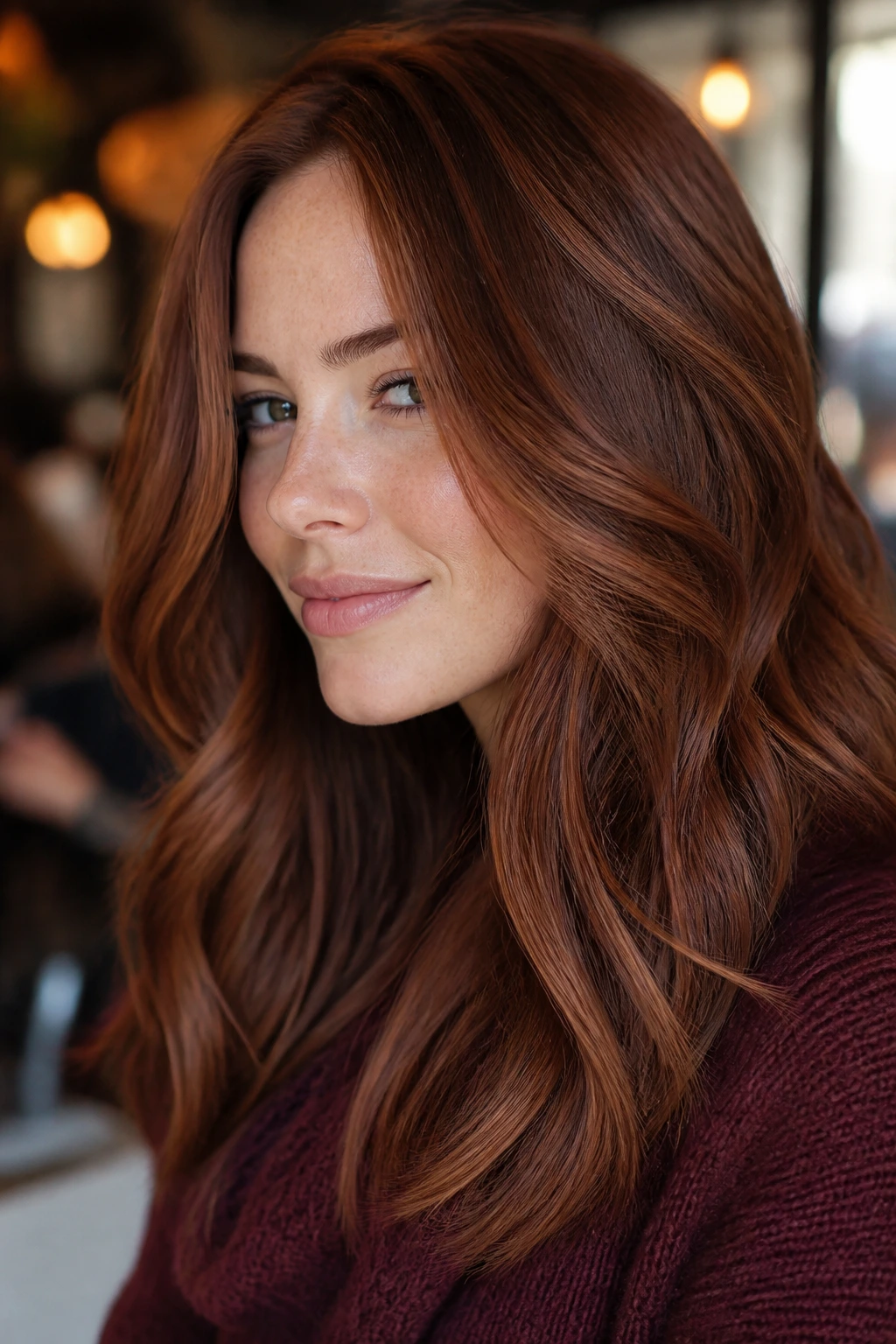 Close-up of a real woman with cherry-chestnut hair and copper-beige caramel dimension.