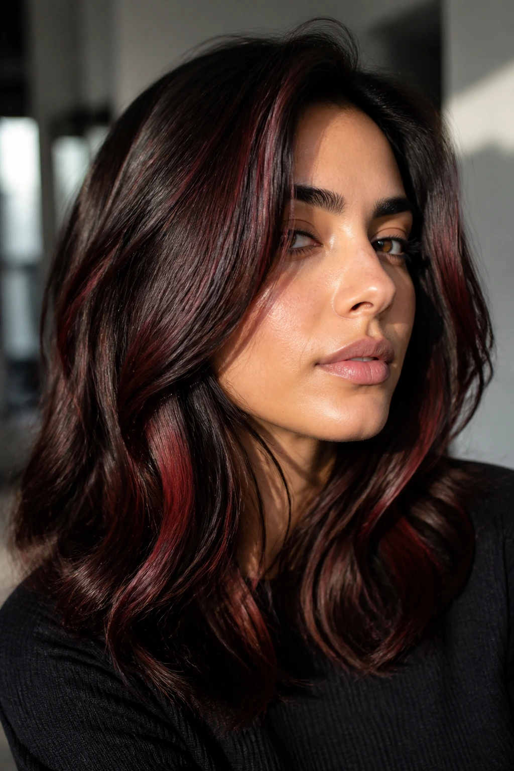 Close-up portrait with cherry cola auburn streaks through mid-length hair