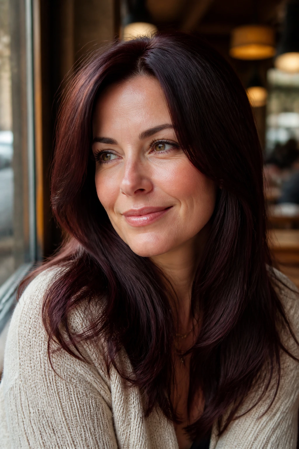 Close-up of cherry cola brown hair on a real woman with subtle red highlights