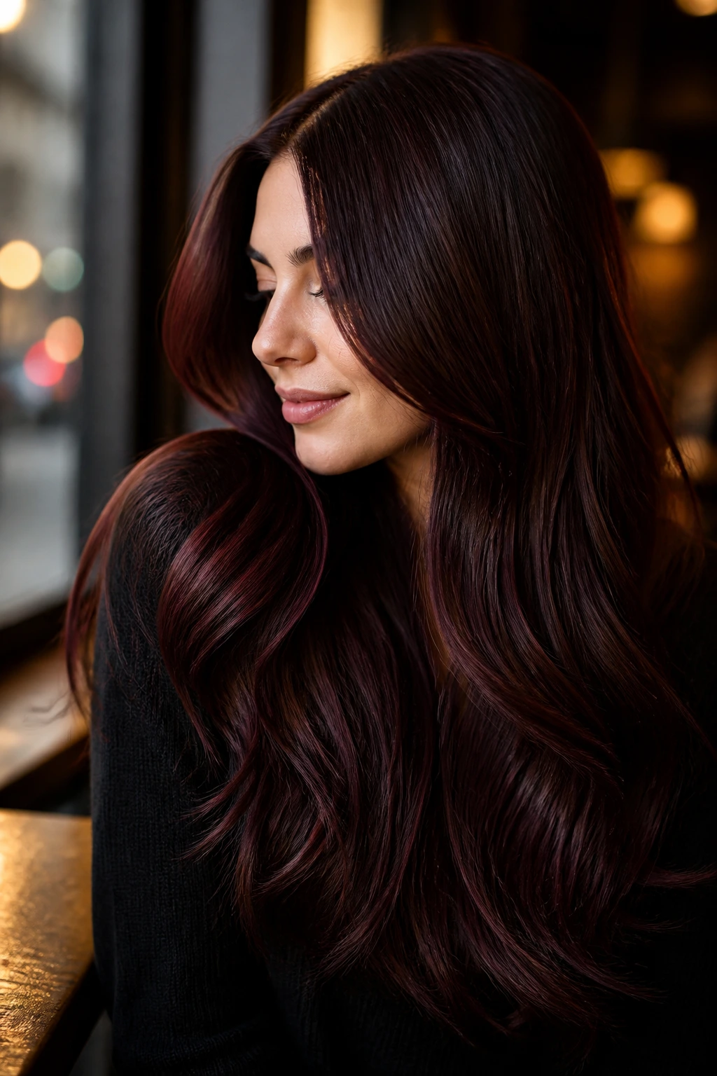 Close-up of a real woman with cherry cola brunette hair in warm cafe light