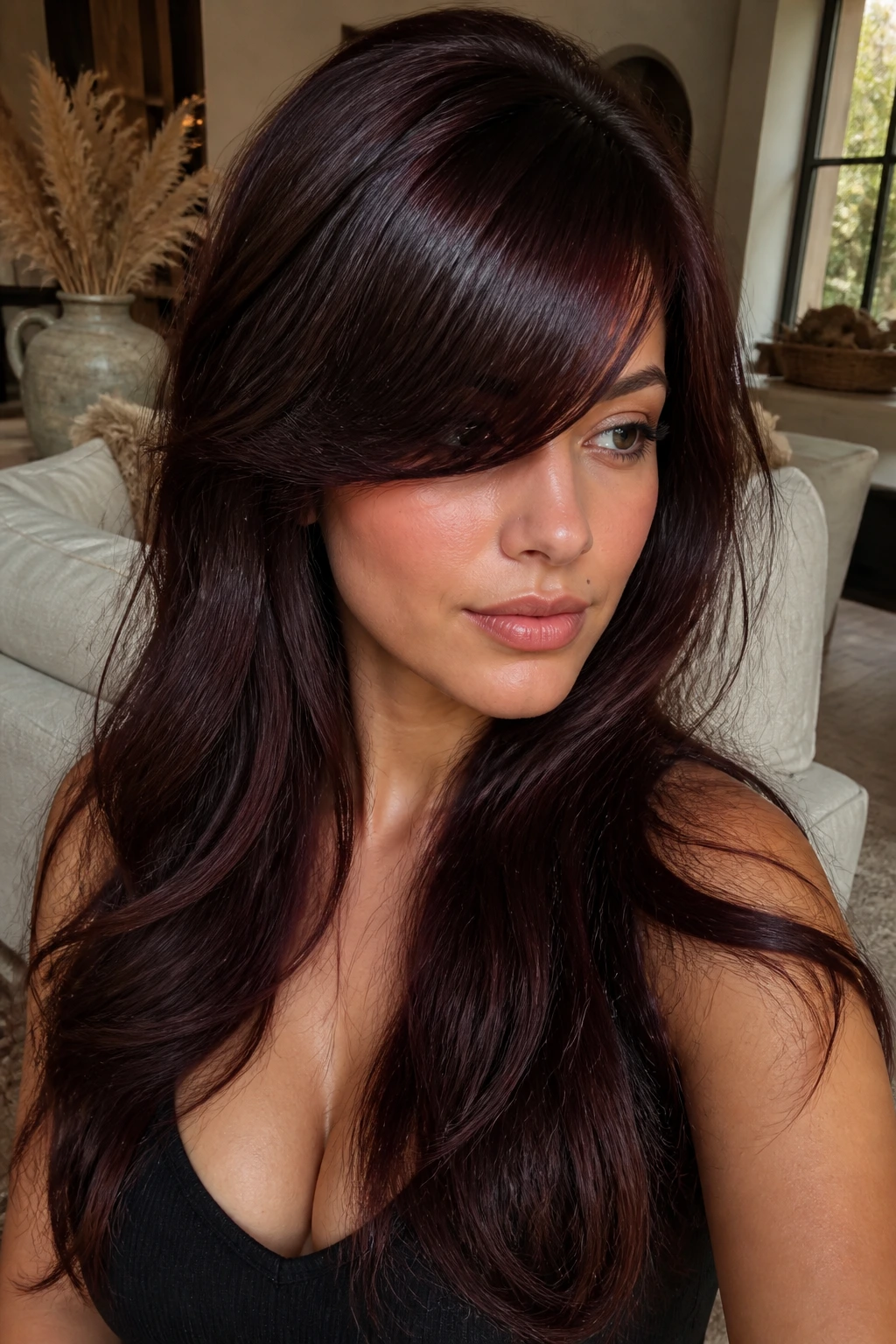Close-up portrait of a real woman with Cherry Cola Brunette hair and side-swept bangs in warm window light