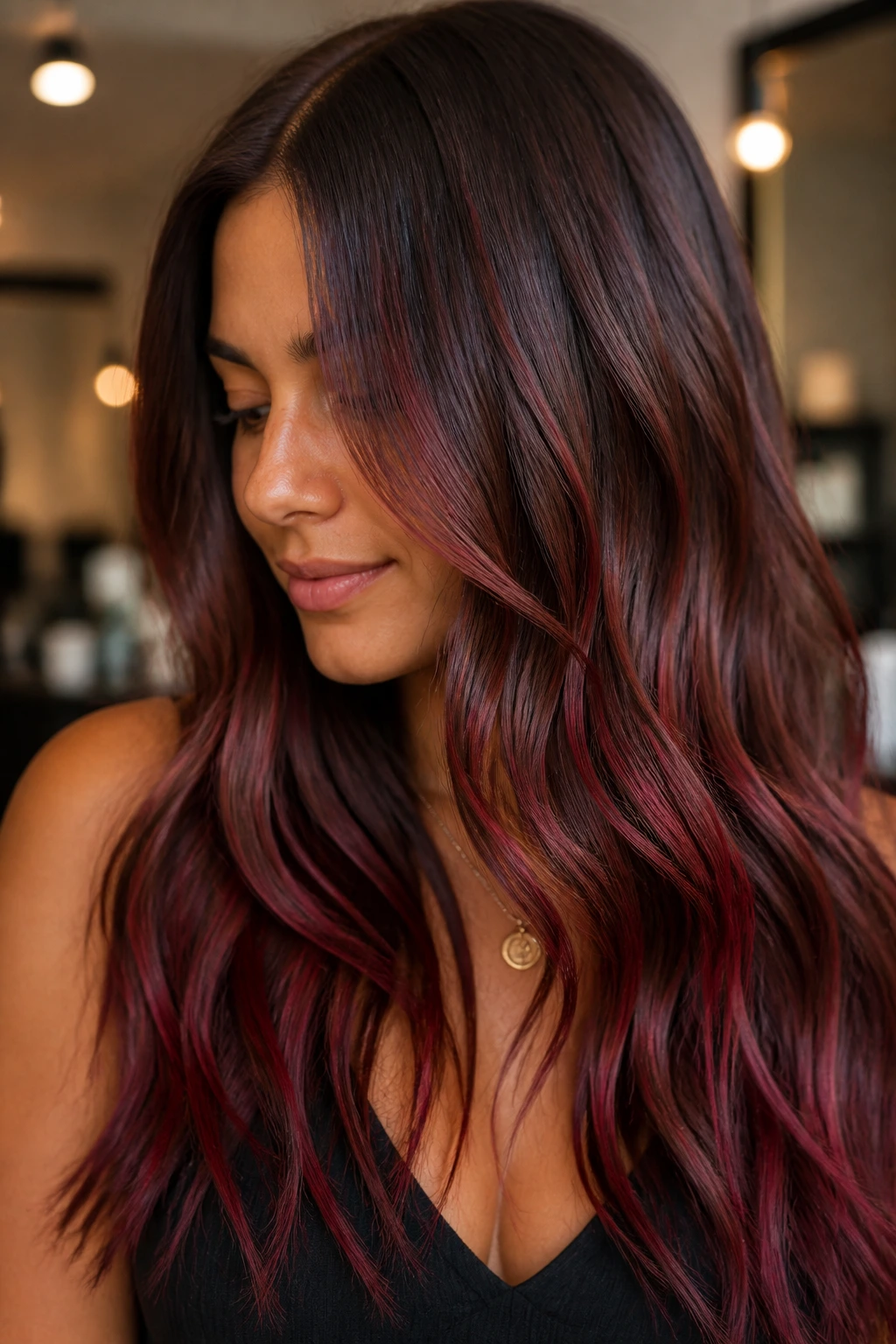 Portrait of a real woman with cherry cola contrast hair
