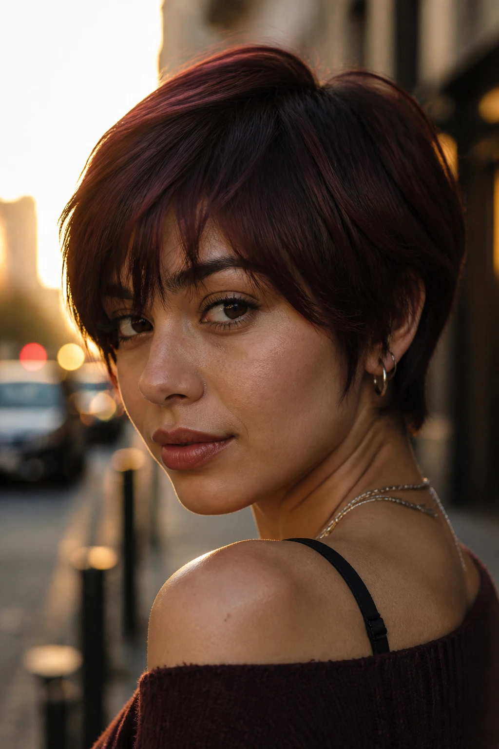 Close-up portrait of a real woman with cherry cola crop in deep red-brown hair under golden hour light