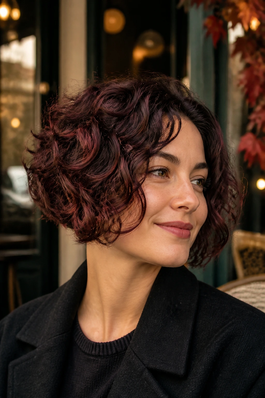 Real woman with Cherry Cola Curl Bob and cherry cola babylights